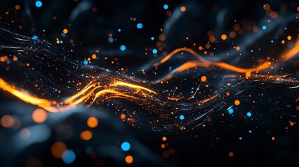 Abstract flowing lines with glowing particles in orange and blue on dark background.