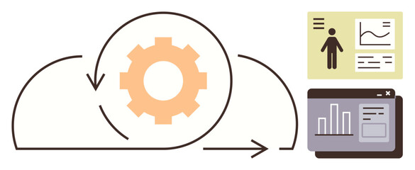 Gear symbol in cloud with arrows representing automation flow, alongside charts and profiles for data monitoring. Ideal for workflow optimization, technology, innovation, efficiency, productivity