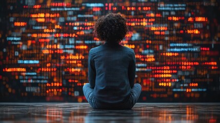 Woman Meditating Before Data Stream, Finding Clarity in Information Overload