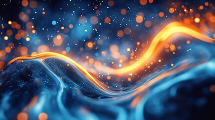 Abstract flowing light with blue and orange colors in a dark background.