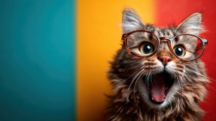  A charming cat with oversized glasses, displaying a playful expression against a colorful backdrop, embodying joy, curiosity, and fun in every aspect.