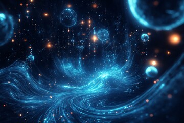 Wall Mural - Abstract cosmic scene with swirling blue energy and glowing celestial bodies.