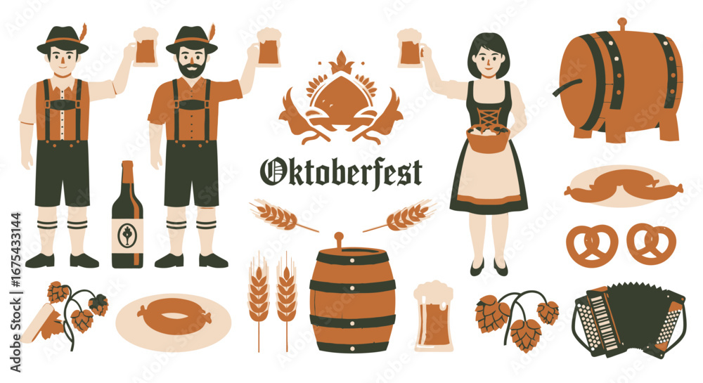 Festive Oktoberfest flat vector illustration set with Bavarian ...