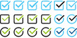 © Anik - Collection of checkmark icons in blue and green within squares and circles on a black background