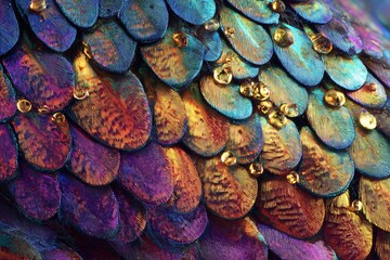 Wall Mural - Close-up of iridescent scales with gold accents showing blue purple and orange hues.
