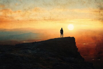 Wall Mural - Silhouette of a person standing on the edge of a rocky cliff overlooking a vast landscape during a vibrant orange sunset with mountains in the distance