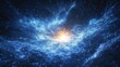 © btiger - A bright glowing star surrounded by swirling blue cosmic dust and countless small sparkling stars in a vast space environment