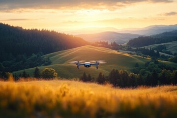 Wall Mural - Drone flying over golden grassy field with rolling green hills and dense forest during a warm sunset with soft glowing light