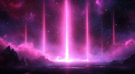 Mysterious glowing purple light beams rising from a dark alien landscape under a starry cosmic sky with mist and mountain silhouettes, evoking a sense of wonder and otherworldliness