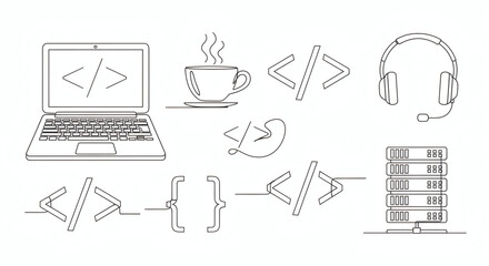 Collection of delicate continuous line art illustrations of modern coding and development. One-line drawings of laptops, coffee cups, headphones, code brackets, and server racks. Minimalist and elegan