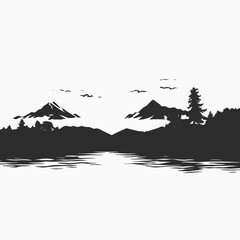 Wall Mural - Mountainous nature vector landscape illustration against a white sky silhouette