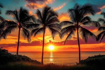 Wall Mural - Vibrant tropical sunset over calm ocean with silhouetted palm trees and colorful orange and purple sky
