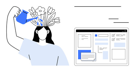Person watering head as flowers sprout symbolizes growth and creativity alongside platform interface for task management. Ideal for personal development, education, productivity, innovation
