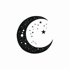 Wall Mural - crescent moon and stars against white background in stark silhouette