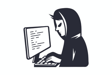 Hacker in Hood Typing on Computer on White Background