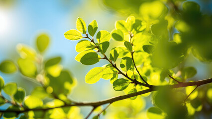 bright green leaves on a tree branch against a blue sky with soft sunlight and blurred background na