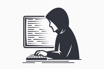 Hooded Figure Using Computer On White Background Hacker Silhouette Design