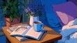 © Cdel - Cozy nightstand setup, warm ambiance with open book, coffee cup, potted plant, inviting space for relaxation and reading.