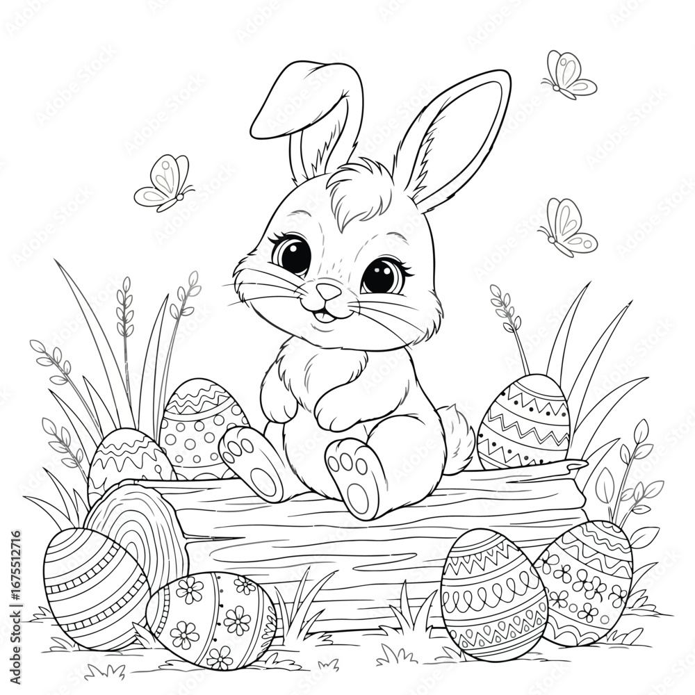 Vector illustration of easter bunny with eggs for coloring page Stock ...