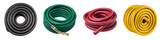 Colorful coiled garden hoses in various sizes on transparent background