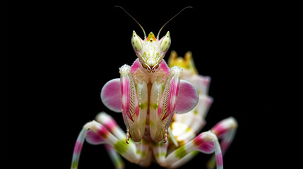 Vibrant Orchid Mantis Portrait - Symmetrical Floral Camouflage on a Stark Black Background