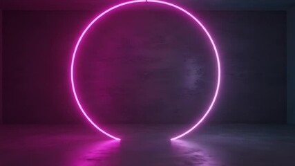 Wall Mural - Pink & cyan neon circle in room, concrete walls, floor reflecting light. Tech background use