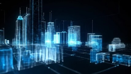 Futuristic Digital City Skyline with Wireframe Buildings Against a Dark Background Abstract Geometric Shapes and Neon Glowing Elements