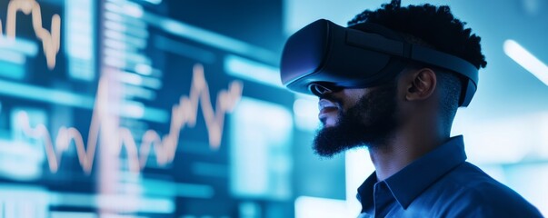 Man using VR headset with financial data background, metaverse , investment