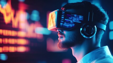 Man Wearing VR Headset Displaying Code in Neon Lit Room, Metaverse , Technology