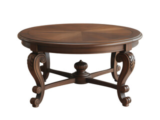 Antique wooden coffee table with ornate carved legs isolated on transparent background