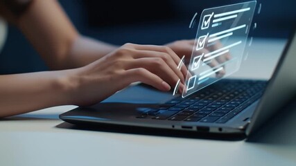 Woman's Hands Typing on Laptop with Glowing Checklist Interface
