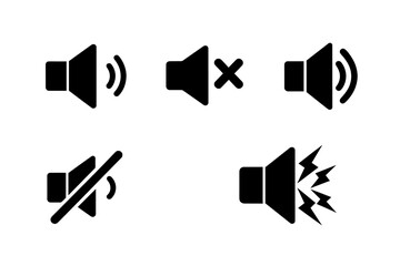 Sound icons set. Speaker volume on, off, mute, and silent mode. User interface buttons for audio control. Vector glyph symbols for web and mobile applications. Loud noise.