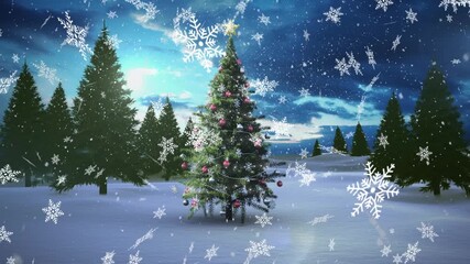 Wall Mural - animation of falling snow over christmas tree and forest