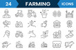 © Radhakanta - Farming icon set. Line icon of organic farm product, agriculture, mill, harvesting, vegetables, wheat, milk and egg. Vector illustration.