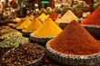 © Pavel - Vibrant colors and rich aromas fill a bustling spice market in the heart of a lively marketplace, showcasing an array of exotic spices meticulously arranged in traditional bowls