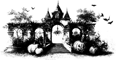 Wall Mural - Gothic haunted mansion with pumpkins and bats - vintage halloween design for cards and posters