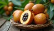 © Pete - Sapodilla fruits in woven basket. One fruit cut open reveals black seeds. Brown exterior, yellow pulp. Close-up on wooden surface with plants. Healthy, sweet, tropical food.