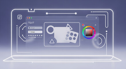 Digital art software interface with design tools and color picker on a transparent laptop screen, showcasing creative digital workflow