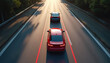 © Pete - Two cars maintain safe distance on quiet road during daylight. Red, dark cars drive in parallel lanes. Focus on rear lights, shadows on asphalt. Daytime travel, automotive safety, traffic flow