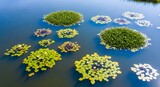 Vibrant lily pads and blossoms float serenely on calm blue water, a peaceful natural scene.