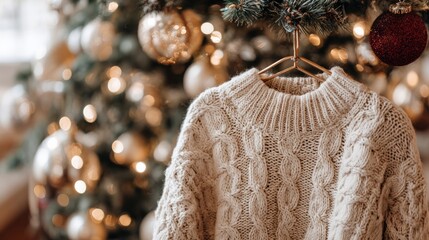 Wall Mural - Cozy cream sweater hanging on christmas tree with golden bokeh lights and festive ornaments creating warm holiday atmosphere and seasonal winter decor inspiration