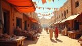 Busy ancient desert marketplace with traders selling goods under awnings. People walk through sandy streets lined with stalls. Vibrant architecture, traditional culture, commerce, sun-baked heat