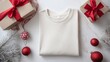 © Ashi - Mockup t shirt with christmas theme surrounded by festive holiday decorations on white background, creative new year celebration apparel template for seasonal branding, marketing, and winter design pr