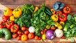 © wan - Colorful assortment of fresh vegetables arranged on a rustic wooden counter, bathed in natural sunlight with rich textures.