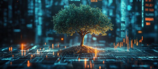 Wall Mural - lush green tree growing on digital circuit board.