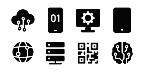 Solid black technology icons set with cloud, binary code, monitor, tablet, globe, server, QR code, and brain. Digital innovation and tech system concept.