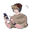 © Ayano Hoshihiko - ヘッドフォンで音楽を聴きながらスマホを見ている男性のアイコンイラスト　笑顔