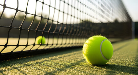 Closeup of a bright yellow tennis ball resting on the green court surface next to the net, with another ball blurred in the background