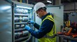 © MdLutfur - Electrician working on electrical panel with safety helmet and gloves, ensuring safety and expertise in the industrial maintenance and repair job