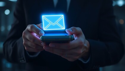 Businessman holding smartphone with glowing blue email icon above screen communication technology